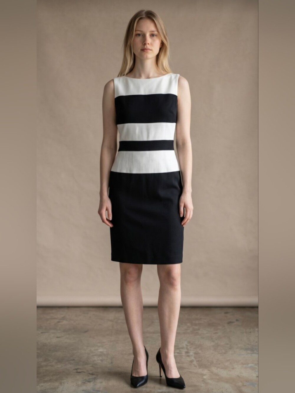 SCARLETT! BOLD BLACK & WHITE STRIPED PEPLUM TOP SLEEVELESS DRESS! SZ 7/8